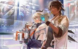 Rule 34 | 2boys, absurdres, arknights, bishounen, black gloves, blue eyes, brown hair, cup, dark-skinned male, dark skin, executor (arknights), fingerless gloves, framed, from below, gift, gloves, halo, highres, holding, holding cup, indoors, looking at viewer, male focus, mechanical halo, multiple boys, pienahenggou, recording, rhodes island logo (arknights), short hair, thorns (arknights), upper body, white gloves, white hair, yellow eyes