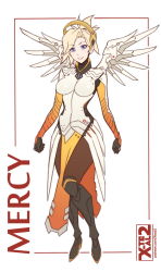 Rule 34 | 1girl, armor, artist name, blonde hair, blue eyes, breasts, character name, eyeshadow, female focus, full body, greaves, halo, looking at viewer, makeup, mechanical halo, mechanical wings, mercy (overwatch), overwatch, overwatch 1, pantyhose, simple background, smile, solo, white background, wings, x-t3al