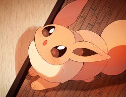 Rule 34 | blush, brown eyes, commentary request, creatures (company), eevee, from above, game freak, gen 1 pokemon, highres, indoors, looking up, nintendo, no humans, open mouth, pokemon, pokemon (creature), solo, toes, wooden floor, yupo 0322