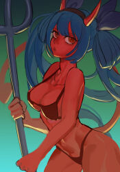 Rule 34 | 1girl, absurdres, bikini, black ribbon, blue hair, breasts, colored skin, demon girl, demon horns, demon tail, dizzy (guilty gear), enryoooo, guilty gear, hair ribbon, hair rings, highres, horns, large breasts, long hair, looking at viewer, open mouth, pitchfork, red eyes, red skin, ribbon, ringed eyes, sketch, solo, swimsuit, tail, twintails