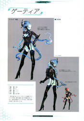 1girl absurdres alien artist_request black_footwear black_gloves blue_skin breasts center_opening cleavage colored_skin commentary concept_art electricity english_commentary gloves goetia_(xenoblade) headgear high_heels highres javanese_commentary monolith_soft official_art solo tentacle_hair tentacles tex translation_request xenoblade_chronicles_(series) xenoblade_chronicles_x