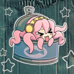 Rule 34 | &gt; &lt;, 1girl, :3, blush stickers, canned tuna, cardboard, cryptidhermit, hair between eyes, headphones, highres, long hair, megurine luka, no nose, open mouth, pink hair, solo, star (symbol), takoluka, tentacle hair, tin (container), vocaloid