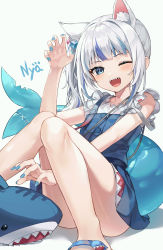Rule 34 | 1girl, ;d, animal ears, blue dress, blue eyes, blue hair, blue nails, blush, cat ears, dress, fingernails, fins, fish tail, gawr gura, gawr gura (casual), hand up, highres, hololive, hololive english, legs, looking at viewer, multicolored hair, myung yi, nail polish, official alternate costume, one eye closed, open mouth, shark tail, sharp teeth, shirt, short hair, smile, stuffed animal, stuffed shark, stuffed toy, tail, teeth, thighs, two-tone hair, upper teeth only, virtual youtuber, white hair, white shirt