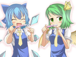 Rule 34 | 2girls, :d, ^ ^, blouse, blue bow, blue dress, blue hair, blush, bow, cirno, closed eyes, collared shirt, commentary request, daiyousei, dress, fairy wings, fang, green eyes, green hair, hair bow, hair ribbon, holding, ice, ice wings, looking at viewer, multiple girls, necktie, nori (arinomamani), open mouth, pinafore dress, pointing, pregnancy test, puffy short sleeves, puffy sleeves, ribbon, shirt, short hair, short sleeves, sidelocks, sleeveless dress, smile, touhou, upper body, white shirt, wings, yellow necktie, yellow ribbon