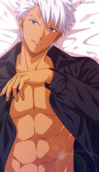 Rule 34 | 1boy, abs, akujiki59, archer (fate), artist name, bed sheet, black shirt, collarbone, collared shirt, commentary request, fate (series), fingernails, from above, grey eyes, hand up, lens flare, long sleeves, looking at viewer, lying, male focus, on back, open clothes, open shirt, parted lips, shirt, short hair, smile, solo, upper body, watermark, white hair
