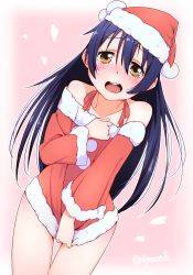 Rule 34 | 1girl, bare shoulders, blue hair, christmas, commentary request, covering privates, cowboy shot, detached sleeves, embarrassed, fur trim, hair between eyes, hat, long hair, looking at viewer, love live!, love live! school idol project, no pants, open mouth, santa costume, santa hat, sesese (iywsrh), shirt tug, simple background, solo, sonoda umi, wavy mouth, yellow eyes