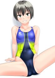 Rule 34 | 1girl, absurdres, black hair, black one-piece swimsuit, breasts, cameltoe, collarbone, commentary request, competition swimsuit, green eyes, grin, highres, logo, looking at viewer, multicolored clothes, multicolored swimsuit, one-piece swimsuit, original, short hair, simple background, small breasts, smile, solo, spread legs, standing, swimsuit, takafumi, tomboy, variant set, white background