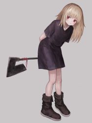 Rule 34 | 1girl, :o, absurdres, arms behind back, axe, black dress, blonde hair, boots, brown footwear, dress, full body, grey background, highres, holding, holding axe, holding weapon, knees together feet apart, leaning forward, long hair, looking at viewer, original, parted lips, pigeon-toed, red eyes, shii595, short sleeves, simple background, solo, standing, weapon, weapon behind back