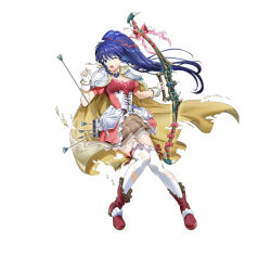 Rule 34 | 1girl, arrow (projectile), blue eyes, blue hair, boots, bow (weapon), braid, braided sidelock, breasts, cape, choker, cleavage, corset, damaged, dress, female focus, fingerless gloves, fire emblem, fire emblem: the sacred stones, fire emblem heroes, gloves, hair ribbon, hair tie, high ponytail, holding, holding bow (weapon), holding weapon, long hair, matching hair/eyes, medium breasts, mikurou (nayuta), nintendo, official alternate costume, official art, one eye closed, open mouth, pink corset, pink dress, pink ribbon, pleated dress, puffy short sleeves, puffy sleeves, ribbon, short sleeves, solo, tana (fire emblem), thighhighs, torn clothes, torn thighhighs, twin braids, weapon, white background, white gloves, white thighhighs, wince, yellow cape