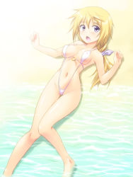Rule 34 | 10s, 1girl, barefoot, bikini, blonde hair, blush, breasts, charlotte dunois, cleavage, infinite stratos, long hair, long legs, lying, masakichi (crossroad), navel, o-ring, o-ring top, on back, open mouth, purple eyes, sand, sideboob, slingshot swimsuit, solo, swimsuit