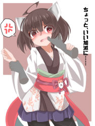 Rule 34 | 1girl, ahoge, anger vein, ao (aoblueao), black pantyhose, blue skirt, blush, brown background, brown hair, finger in another&#039;s mouth, hair between eyes, headgear, holding another&#039;s wrist, japanese clothes, kimono, long sleeves, nose blush, obi, open mouth, pantyhose, pleated skirt, red eyes, sash, skirt, solo focus, spoken anger vein, tears, touhoku kiritan, translation request, twintails, two-tone background, voiceroid, white background, white kimono, wide sleeves