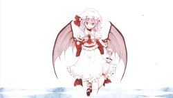 Rule 34 | 1girl, back bow, bat wings, bow, dress, frilled dress, frills, hat, holding, holding umbrella, joyfull (terrace), mary janes, mob cap, pink dress, pink hat, puffy short sleeves, puffy sleeves, red eyes, remilia scarlet, shoes, short sleeves, solo, touhou, umbrella, walking, wings