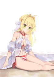 Rule 34 | 1girl, ahoge, bad id, bad pixiv id, bare shoulders, bikini, blonde hair, bow, braid, closed mouth, collarbone, commentary request, criss-cross halter, fate/grand order, fate (series), flower, green eyes, groin, hair between eyes, hair bow, hair intakes, halterneck, head tilt, highres, jacket, jilu, long hair, nero claudius (fate), nero claudius (fate) (all), nero claudius (swimsuit caster) (fate), nero claudius (swimsuit caster) (third ascension) (fate), puffy short sleeves, puffy sleeves, ribbon, rose, see-through, short sleeves, side-tie bikini bottom, sitting, smile, solo, striped bikini, striped clothes, swimsuit, very long hair, white bow, white flower, white ribbon, white rose
