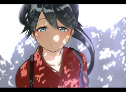 Rule 34 | 10s, 1girl, arms at sides, blue eyes, blue hair, from above, hair between eyes, hakama, hakama skirt, houshou (kancolle), isshiki (ffmania7), japanese clothes, kantai collection, lens flare, letterboxed, light smile, lips, long hair, looking at viewer, ponytail, portrait, skirt, solo, tasuki, tree, under tree