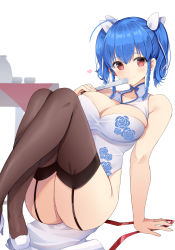 Rule 34 | 1girl, absurdres, ahoge, arm support, ass, azur lane, bad id, bad pixiv id, bare arms, bare shoulders, blue hair, braid, breasts, brown thighhighs, china dress, chinese clothes, cleavage, cleavage cutout, clothing cutout, collarbone, commentary request, dress, floral print, folded fan, folding fan, garter straps, hair ribbon, hand fan, high heels, highres, holding, holding fan, knees up, large breasts, long hair, looking at viewer, pelvic curtain, red eyes, red ribbon, ribbon, sidelocks, simple background, sleeveless, sleeveless dress, smile, solo, st. louis (azur lane), st. louis (blue and white pottery) (azur lane), thighhighs, twin braids, twintails, white background, white dress, white footwear, yuzu-aki
