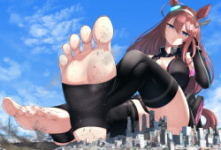 Rule 34 | 1girl, absurdres, animal ears, black gloves, black leotard, blue eyes, breasts, brown hair, city, commission, day, destruction, elbow gloves, feet, foreshortening, giant, giantess, gloves, hairband, hand on own cheek, hand on own face, highres, horse ears, horse tail, large breasts, leotard, lien, long hair, looking at viewer, mihono bourbon (umamusume), outdoors, pixiv commission, solo, stirrup legwear, tail, toeless legwear, toes, umamusume