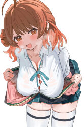 Rule 34 | 1girl, absurdres, ahoge, blush, breasts, brown eyes, brown hair, button gap, cleavage, collared shirt, commentary request, gakuen idolmaster, hair bun, hanami ume, heavy breathing, highres, idolmaster, jacket, kirikawa, large breasts, leaning forward, looking at viewer, off shoulder, open mouth, pink jacket, see-through, shirt, short hair, simple background, single hair bun, skindentation, smile, solo, thighhighs, wet, wet clothes, wet shirt, white background, white shirt, white thighhighs