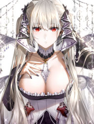 Rule 34 | 1girl, azur lane, breasts, cleavage, closed mouth, delsaber, dress, formidable (azur lane), frilled dress, frills, hair between eyes, hair ornament, hand on own chest, highres, huge breasts, jewelry, long sleeves, looking at viewer, necklace, red eyes, solo, twintails, upper body, white dress, white hair
