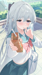 Rule 34 | 1girl, bag, blue archive, blue halo, blurry, blurry background, blush, closed mouth, commentary, drink, drinking straw, green sailor collar, green skirt, grey hair, hair between eyes, halo, highres, holding, holding drink, long hair, long sleeves, miyako (blue archive), nokke o, pleated skirt, ponytail, purple eyes, sailor collar, skirt, solo