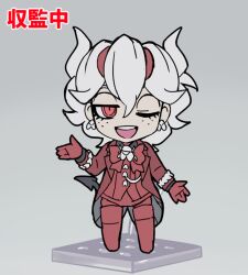 Rule 34 | 1girl, ;d, beelzebub (helltaker), bow, bowtie, chibi, demon horns, demon tail, earrings, freckles, grey background, grey hair, helltaker, horns, jacket, jewelry, kyo-hei (kyouhei), medium hair, one eye closed, open clothes, open jacket, open mouth, red bow, red bowtie, red eyes, red jacket, red shirt, red thighhighs, shirt, simple background, smile, solo, tail, teeth, thighhighs, translation request, upper teeth only