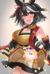 Rule 34 | 1girl, animal ears, black hair, breasts, cleavage, cleavage cutout, clothing cutout, commentary, commentary request, detached sleeves, hair between eyes, hair ornament, heart, heart hands, highres, horse ears, horse tail, kibihimi, kitasan black (umamusume), large breasts, looking at viewer, red eyes, simple background, solo, sweat, tail, umamusume