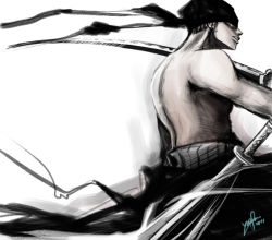 Rule 34 | 1boy, acidiceffect, bandana, dated, from behind, haramaki, male focus, monochrome, muscular, one piece, piercing, profile, roronoa zoro, topless male, short hair, signature, solo, sword, weapon