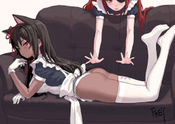 Rule 34 | 2girls, animal ears, apron, artist name, ass, black hair, blush, breasts, cat ears, chinese commentary, commentary request, couch, dark-skinned female, dark skin, eyepatch, fkey, frilled apron, frills, full body, gloves, grey background, hair ribbon, hairband, long hair, looking at another, looking at viewer, looking down, lying, maid, maid apron, medium breasts, multiple girls, neck ribbon, no pants, no shoes, on stomach, original, panties, puffy short sleeves, puffy sleeves, red eyes, red hair, red hairband, red ribbon, ribbon, short sleeves, sidelocks, signature, simple background, thighhighs, thighs, underwear, white apron, white gloves, white legwear, white panties