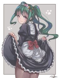 Rule 34 | 10s, :3, absurdres, brown pantyhose, cat girl, clothes lift, green hair, grey background, hairband, highres, kuroi ginko, lifted by self, long hair, looking back, maid, nene (atsushi hamano), pantyhose, paw print, planet with, signature, skirt, skirt lift, solo, standing, twintails