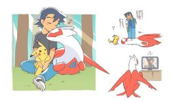 Rule 34 | 1boy, :d, ash ketchum, black hair, blue jacket, blue pants, claws, closed eyes, closed mouth, commentary request, creatures (company), dododo dadada, fingerless gloves, game freak, gen 1 pokemon, gen 3 pokemon, gloves, grass, green gloves, grey shirt, heart, jacket, kiss, latias, legendary pokemon, male focus, nintendo, on lap, open mouth, pants, pikachu, pokemon, pokemon (anime), pokemon (classic anime), pokemon (creature), pokemon on lap, raised eyebrows, shirt, shoes, short hair, sitting, smile, sneakers, standing, t-shirt, television, translation request, tree, |d