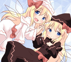 Rule 34 | 2girls, black dress, blonde hair, blue eyes, bow, capelet, dress, dual persona, fairy wings, holding hands, hat, hat bow, interlocked fingers, lily black, lily white, long hair, long sleeves, looking at viewer, multiple girls, natsu no koucha, open mouth, sash, smile, touhou, very long hair, white dress, wide sleeves, wings