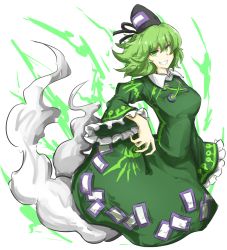 Rule 34 | 1girl, bad id, bad pixiv id, breasts, dress, electricity, frilled sleeves, frills, full body, ghost tail, green dress, green eyes, green hair, grin, hand up, hat, kankan33333, long sleeves, looking at viewer, matching hair/eyes, print dress, simple background, smile, soga no tojiko, solo, tate eboshi, touhou, white background, wide sleeves