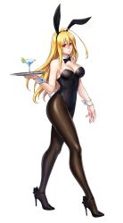 Rule 34 | 1girl, absurdres, amanna, animal ears, black footwear, black leotard, black neckwear, black pantyhose, blonde hair, breasts, cleavage, cup, drinking glass, fake animal ears, full body, high heels, highres, leotard, long hair, looking at viewer, medium breasts, original, pantyhose, playboy bunny, rabbit ears, rabbit girl, red eyes, simple background, solo, strapless, strapless leotard, translation request, tray, walking, white background, wine glass