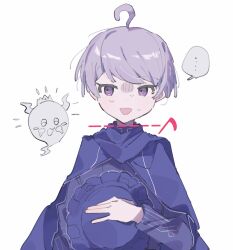 Rule 34 | ..., 1boy, ahoge, blue cape, blue headwear, blue jacket, cape, closed eyes, commentary request, hat, highres, holding, holding clothes, holding hat, hwr33m, jacket, long sleeves, male focus, master detective archives: rain code, nervous sweating, open mouth, purple eyes, purple hair, scythe, shinigami (ghost) (rain code), shinigami (rain code), short hair, simple background, smile, speech bubble, spoken ellipsis, sweat, white background, yuma kokohead