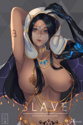Rule 34 | 1girl, absurdres, armpits, arms up, bad id, bad pixiv id, bdsm, black hair, blue eyes, breasts, collar, dark-skinned female, dark skin, harem outfit, head chain, highres, jewelry, large breasts, long hair, looking at viewer, milephunter, mouth veil, navel, nipple chain, nipple piercing, nipples, piercing, prosthesis, prosthetic arm, slave, smile, solo, symmetra (overwatch), tattoo, upper body, veil