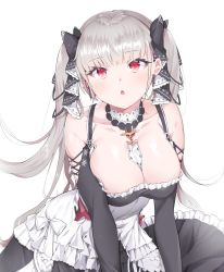 Rule 34 | 1girl, azur lane, bad id, bad pixiv id, bare shoulders, between breasts, black dress, blush, breasts, cleavage, collarbone, cpqm, dress, formidable (azur lane), frilled dress, frills, grey hair, highres, large breasts, long hair, long sleeves, looking at viewer, open mouth, red eyes, simple background, solo, twintails, two-tone dress, two-tone ribbon, very long hair, white background