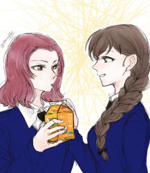 Rule 34 | 2girls, anmitsu sd, black necktie, blue sweater, brown eyes, brown hair, carton, collared shirt, commentary request, drink, drinking straw, drinking straw in mouth, girls und panzer, hair ornament, hair tie, hairclip, hand on another&#039;s shoulder, highres, holding, holding carton, holding drink, looking at another, multiple girls, necktie, pink hair, rosehip (girls und panzer), rukuriri (girls und panzer), school uniform, shirt, signature, st. gloriana&#039;s school uniform, sweater, twitter username