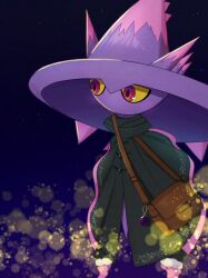 Rule 34 | bag, black cloak, brown bag, buttons, cloak, colored sclera, commentary request, creatures (company), game freak, gen 4 pokemon, gradient background, looking to the side, mismagius, nakaraso (xtns3483), nintendo, no humans, pokemon, pokemon (creature), red eyes, shoulder bag, solo, yellow sclera