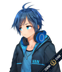 Rule 34 | 1boy, absurdres, afba, blue hair, blush, collarbone, commentary, commission, english commentary, english text, frown, hair between eyes, headphones, headphones around neck, highres, hood, hood down, hoodie, jewelry, looking to the side, male focus, necklace, original, short hair, short sleeves, simple background, virtual youtuber, white background