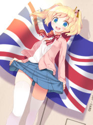 Rule 34 | 10s, 1girl, :d, alice cartelet, blonde hair, blue eyes, blush, bow, cardigan, green eyes, hair ornament, hair stick, highres, kin-iro mosaic, komone ushio, looking at viewer, open cardigan, open clothes, open mouth, school uniform, skirt, smile, solo, striped, striped bow, thighhighs, twintails, union jack, white thighhighs, zettai ryouiki