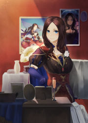 Rule 34 | 1girl, blue eyes, breasts, brown hair, drawing (object), dress, fate/grand order, fate (series), fine art parody, flower, forehead, glasses, gloves, highres, jar, leonardo da vinci (fate), leonardo da vinci (fate/grand order), leonardo da vinci (rider) (fate), long hair, looking at viewer, mona lisa, mori yashiro (konkon oyashiro), parody, parted bangs, picture frame, puffy sleeves, skirt, smile