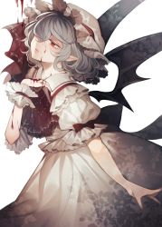 Rule 34 | 1girl, arm at side, ascot, blood, blood on face, blood on hands, blue hair, bow, brooch, collared dress, commentary, cowboy shot, dress, frilled sleeves, frills, hair over one eye, half-closed eyes, hand up, hat, hat ribbon, highres, jewelry, looking up, medium hair, mob cap, namakuby, one eye covered, parted lips, pointy ears, puffy short sleeves, puffy sleeves, red ascot, red bow, red eyes, red ribbon, remilia scarlet, ribbon, short sleeves, simple background, single wrist cuff, solo, touhou, white background, white dress, white hat, wrist cuffs