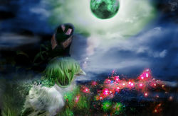 Rule 34 | absurdres, bird, bird wings, bow, check commentary, chick, chicken, commentary request, fireflies, grass, green eyes, green hair, green sky, green theme, has bad revision, hat, highres, huge filesize, looking at another, matching hair/eyes, md5 mismatch, moon, moonlight, nature, night, night sky, no humans, sky, soga no tojiko, soggates-nyan (amurka-chan), solo, tate eboshi, touhou, wings