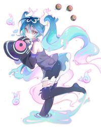 Rule 34 | 1girl, aqua hair, black thighhighs, collared shirt, creatures (company), detached sleeves, dusk ball, game freak, ghost, ghost miku (project voltage), glitch, grey shirt, gutou, hair between eyes, hatsune miku, highres, long hair, necktie, nintendo, poke ball, pokemon, project voltage, see-through, see-through skirt, shirt, skirt, sleeves past fingers, sleeves past wrists, thighhighs, twintails, very long hair, vocaloid, will-o&#039;-the-wisp (mythology), yellow eyes
