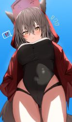 Rule 34 | !, 1girl, ^^^, animal ears, arknights, black one-piece swimsuit, blue background, blush, breasts, brown hair, closed mouth, competition swimsuit, covered navel, cowboy shot, from below, gluteal fold, hair between eyes, hands in pockets, highres, hood, hood up, hoodie, horn/wood, impossible clothes, impossible swimsuit, jacket, large breasts, long sleeves, looking at viewer, looking down, official alternate costume, one-piece swimsuit, open clothes, open jacket, projekt red (arknights), projekt red (light breeze) (arknights), red hoodie, red jacket, short hair, simple background, solo, speech bubble, spoken exclamation mark, swimsuit, tail, wolf ears, wolf girl, wolf tail, yellow eyes
