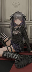 Rule 34 | 1girl, black footwear, black shirt, blunt bangs, blush, chain, chain necklace, choker, cross, cross necklace, earrings, fashion, full body, gishiki (gshk), goth fashion, hair ornament, half-closed eyes, jewelry, long sleeves, looking at viewer, multicolored hair, necklace, o-ring, o-ring choker, original, plaid, plaid skirt, purple hair, shirt, skirt, skull hair ornament, streaked hair, striped clothes, striped legwear, striped thighhighs, thigh strap, thighhighs, twintails, two-tone hair, watermark, yellow eyes
