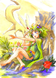 Rule 34 | 1990s (style), 1girl, barefoot, blue eyes, blush, cape, carbuncle (final fantasy), dress, closed eyes, feet, final fantasy, final fantasy iv, flower, green hair, hair ornament, hirokazu, jewelry, nature, open mouth, painting (medium), retro artstyle, rydia (ff4), sitting, smile, summoner, summoner (final fantasy), traditional media, water, watercolor (medium), aged down