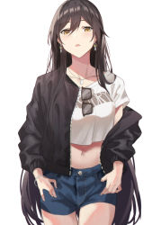 Rule 34 | 1girl, bad id, bad twitter id, bangle, black hair, bracelet, collarbone, crop top, crop top overhang, denim, denim shorts, dog tags, earrings, eyewear hang, unworn eyewear, idolmaster, idolmaster shiny colors, jacket, jewelry, long hair, midriff, navel, necktie, open clothes, open jacket, open mouth, shirase sakuya, shorts, simple background, sola (solo0730), solo, sunglasses, sunglasses around neck, sunglasses removed, white background, yellow eyes