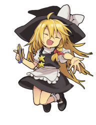 Rule 34 | 1girl, apron, black footwear, black hat, black skirt, black vest, blonde hair, bow, boxcutter, braid, closed eyes, cookie (touhou), frilled apron, frills, full body, hair bow, hat, hat bow, kirisame marisa, long hair, mary janes, nahori (hotbeans), open mouth, outstretched arm, puffy short sleeves, puffy sleeves, red bow, shirt, shoes, short sleeves, side braid, simple background, single braid, skirt, smile, socks, solo, suzu (cookie), touhou, vest, waist apron, white apron, white background, white bow, white shirt, white socks, witch hat