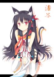 Rule 34 | 1girl, animal ears, bad id, bad pixiv id, bare shoulders, between legs, between thighs, black hair, blush, boots, cat ears, detached sleeves, hair ornament, highres, letterboxed, long hair, looking at viewer, nibiiro shizuka, original, parted lips, red eyes, side slit, sitting, solo, thighhighs, thighs, very long hair, wariza, white thighhighs