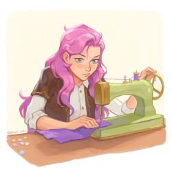 Rule 34 | 1girl, artist name, blue eyes, brown jacket, closed mouth, collared shirt, grey background, highres, jacket, kherl, layered sleeves, league of legends, long hair, long sleeves, pink hair, seraphine (league of legends), sewing, sewing machine, shirt, short over long sleeves, short sleeves, simple background, solo, upper body, white shirt